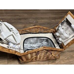 Picnic Wine & Cheese Basket Service for 2 Wicker Tote with Accessories